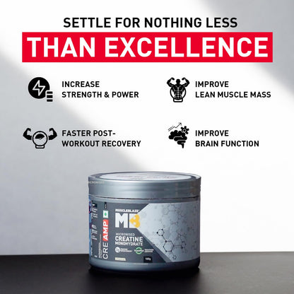 MuscleBlaze Micronised Creatine Monohydrate CreAMP Powder, Unflavoured (32 Servings, 100g) | Trustified Certified Creatine