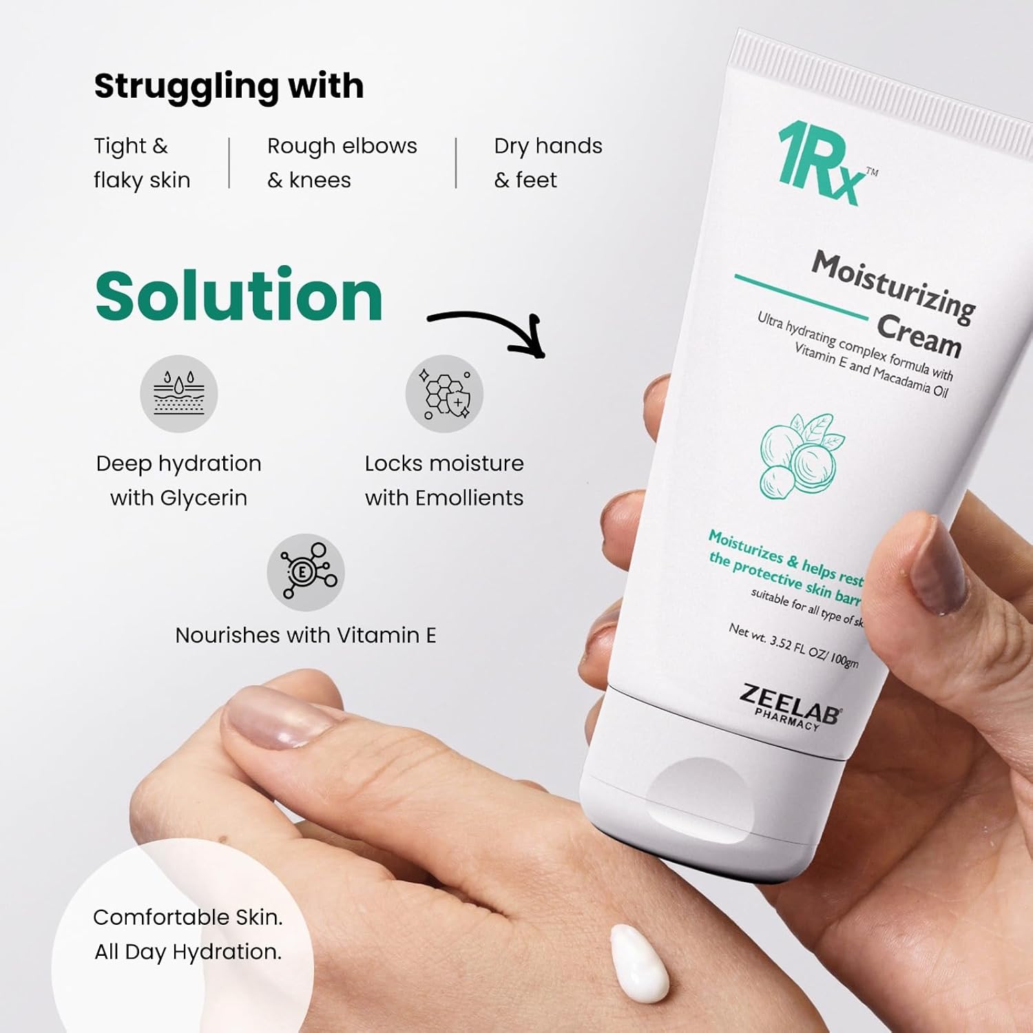 Moisturizing cream with text on skin issues and solution, held by a hand.