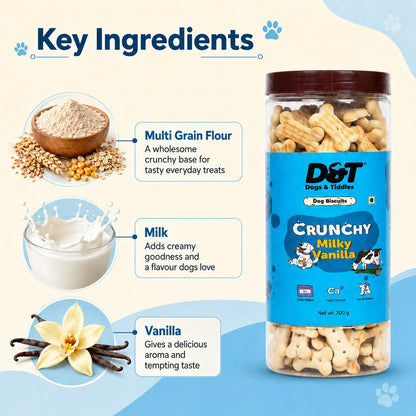 Dogs & Tiddles Milky Vanilla Dog Biscuits 700g | Oven Baked Crunchy Dog Treats | High Calcium Dog Snacks for All Life Stages & All Breeds