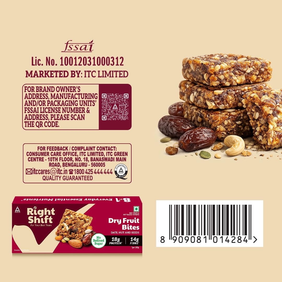 Right Shift Dry Fruit Bites, 18g Protein, 14g Fibre, No Refined Sugar, Lactose Free, No Palm Oil, Date Nut and Seeds, 160g