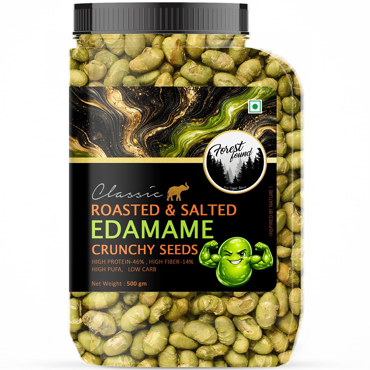 Forest Found Roasted & Salted Edamame (500g) Beans | 46% High Protein & 14% Fiber | Oil-Free Vacuum Roasted Crunchy Seeds | Low Carb, Plant-Based Protein Healthy Snack | Young Green Soybeans