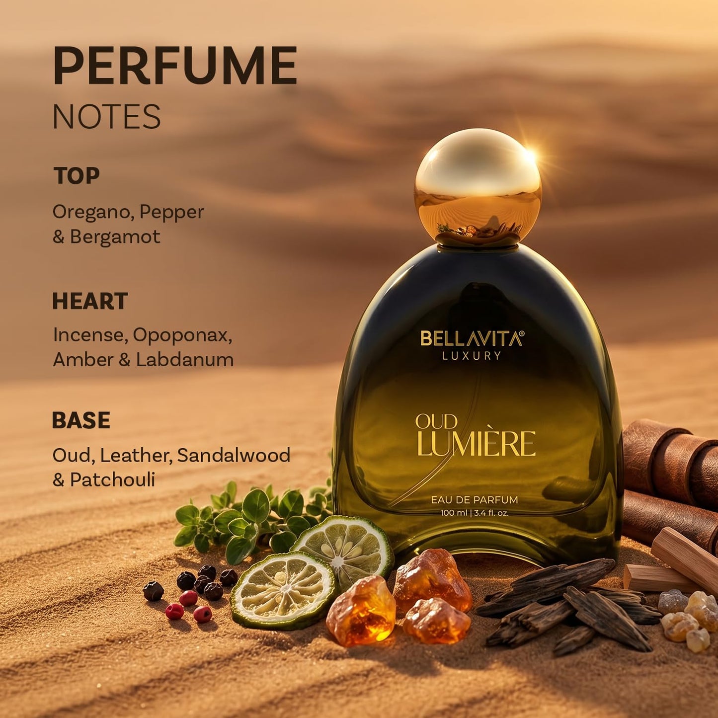 BELLAVITA OUD LUMIERE | Dubai Crafted | Perfume For Man | 100ml | 25% Oil Concentration | Oud, Leather, Sandalwood | Premium Long Lasting Perfume