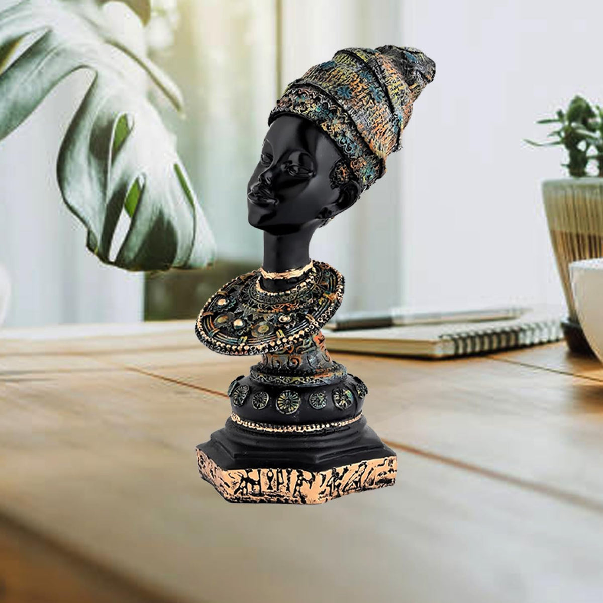African Lady Statue with Pot|Graceful and Cultural Home Décor (Pack of 1, Black, Green & Golden, Model 1)