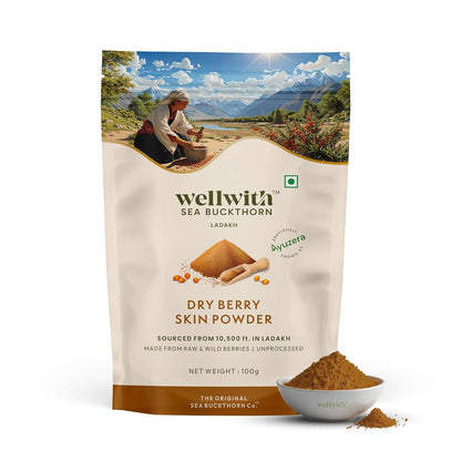 Wellwith Himalayan Sea Buckthorn Dry Berry Kkin Powder, 100g | Rich in Omega 3, 6, 7, 9 | Collagen, Fiber, Omegas, Vitamin C, Vitamin E | Dry Sea Buckthorn Berry Powder (100, Grams)