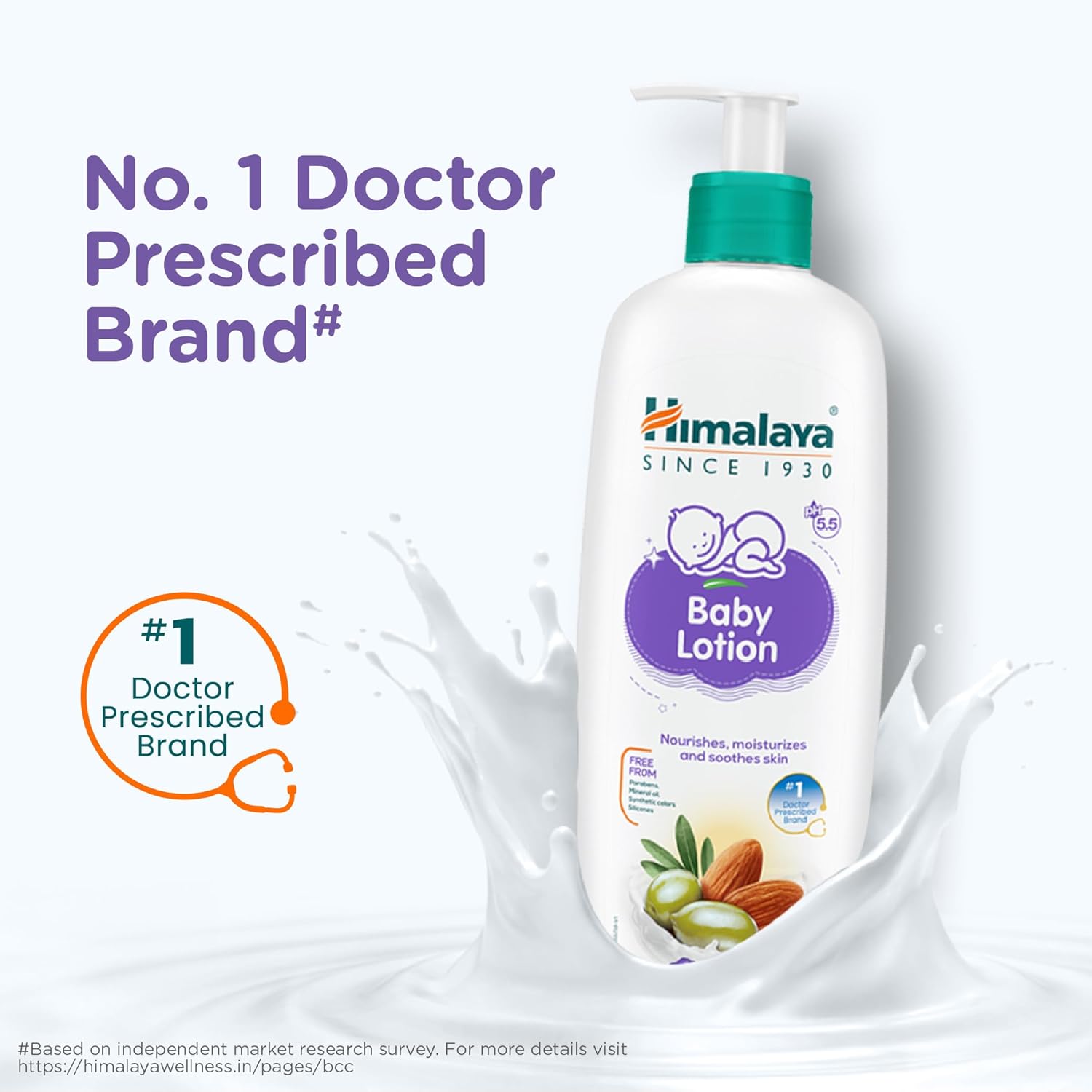 Himalaya Baby Lotion bottle with branding and product details on a white background