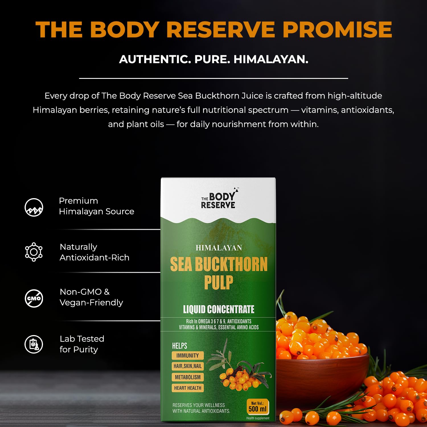 Body Reserve Sea Buckthorn Juice packaging with text about authenticity, purity, and benefits.