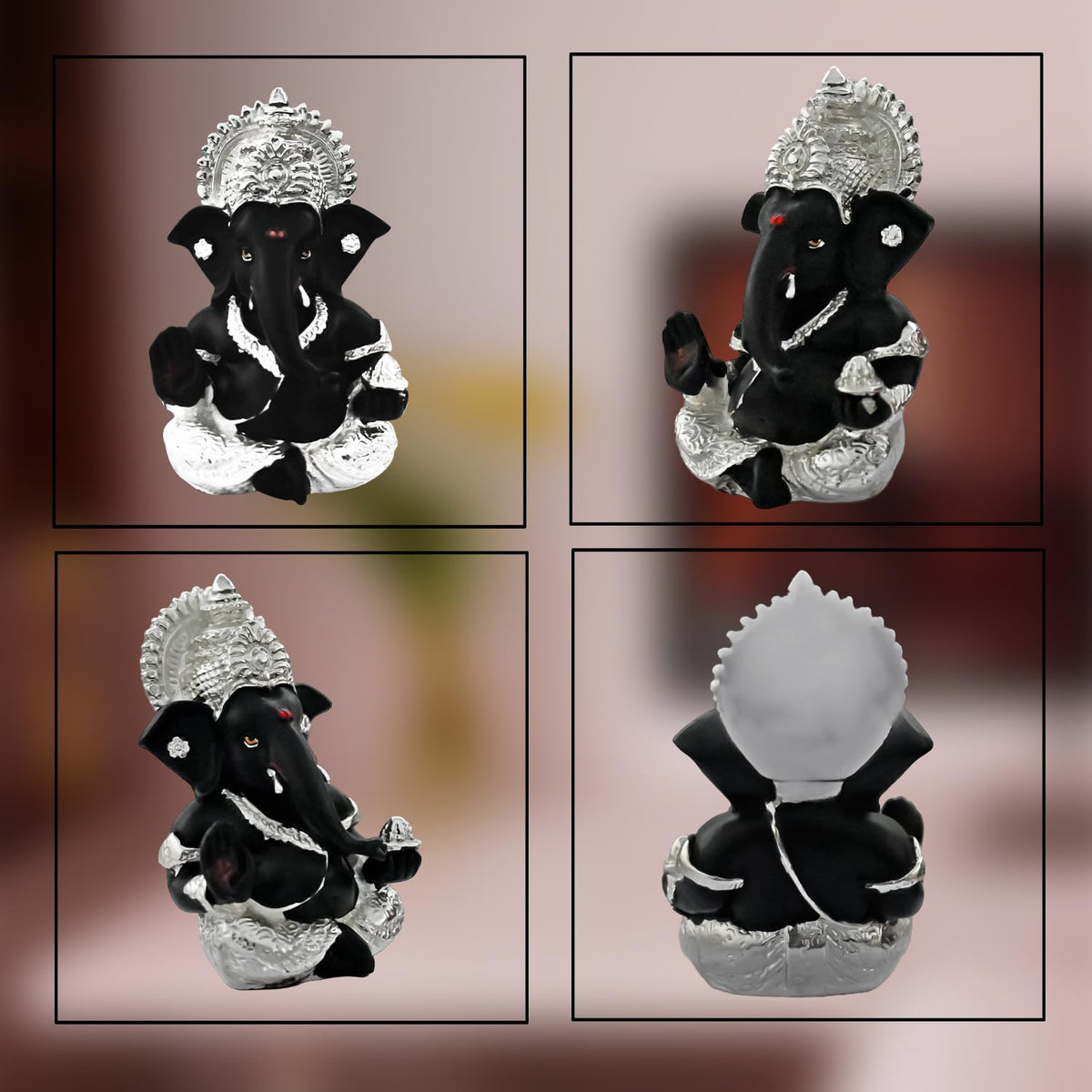 999 Silver Plated Ganesha Idol for Home Decor Puja |Ganesh Idol for Home Decor Ganpati for Gift 3.5 inches |Ganesh Statue Gift for Office Desk Puja Room Figurine (8.89 x 5.08 cm) (Black)