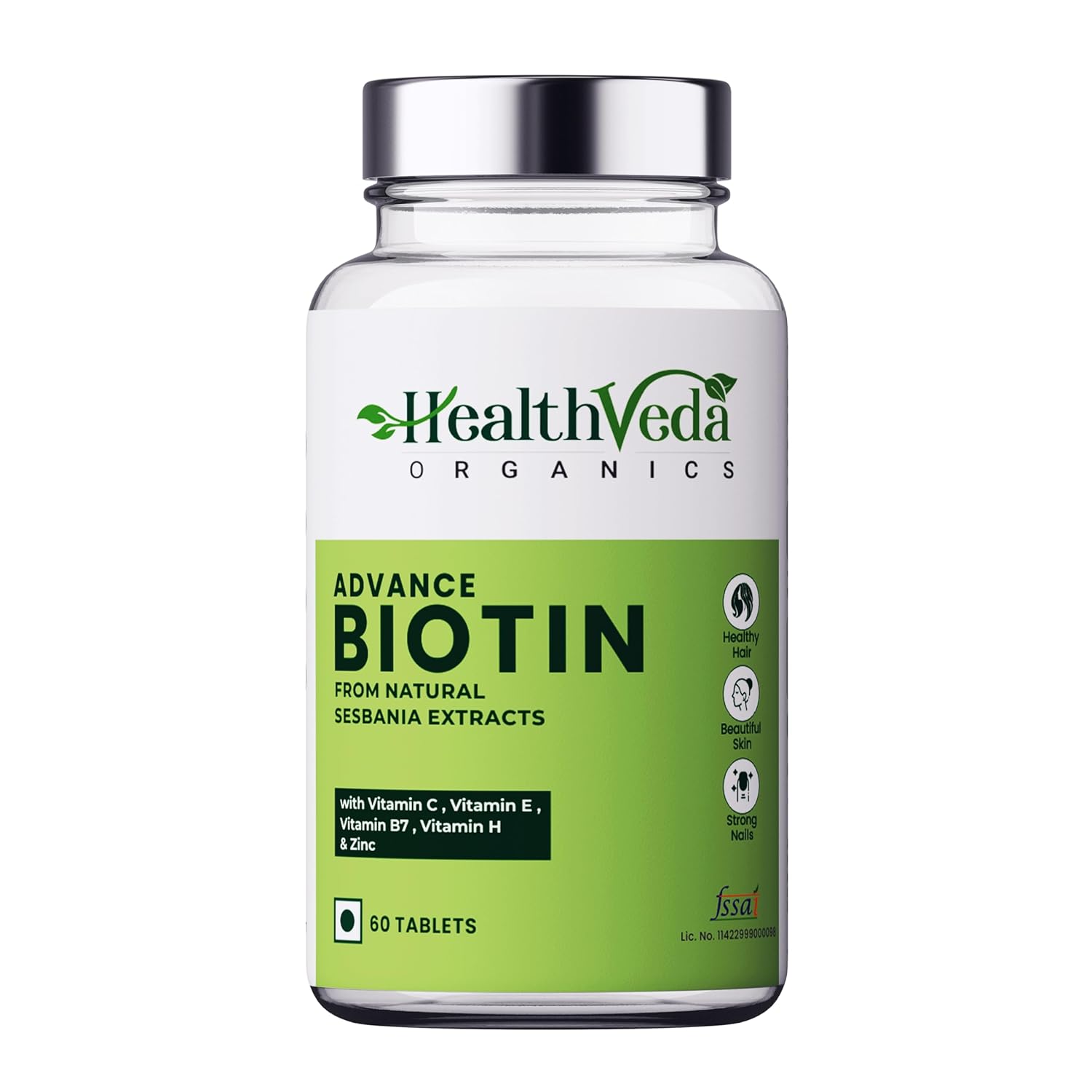 Zephivo Health Veda Organics Advanced Biotin Tablets | Boosts Keratin Production & Improves Hair Thickness with Natural Sesbania Agati Leaf Extract | Hair Vitamins (Biotin, Vitamin E & Copper) for Healthy Hair, Skin & Nails | For Both Men & Women (60 Tablets)