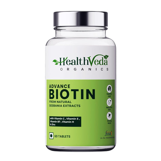 Zephivo Health Veda Organics Advanced Biotin Tablets | Boosts Keratin Production & Improves Hair Thickness with Natural Sesbania Agati Leaf Extract | Hair Vitamins (Biotin, Vitamin E & Copper) for Healthy Hair, Skin & Nails | For Both Men & Women (60 Tablets)