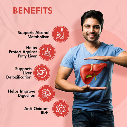 Man wearing a blue shirt with a liver graphic, surrounded by benefits of liver health on a pink background