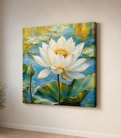 Lotus Flower Painting for Wall Vastu (15+ DESIGNS) Framed Lotus Canvas Painting for Living Room, Bedroom | Nature Floral Wall Art with Multiple Design Variations (White Big Lotus, 18x18 Inch, Framed)