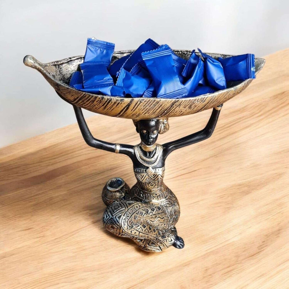 Polyresin African Lady Idol for Home Decor | Decorative Tribal Woman Holding Leaf Bowl Showpiece | Modern Art Table Accent | 20x15x23 cm | Regular Quality