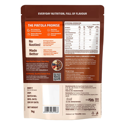 PINTOLA 26g High Protein Oats 1kg, Dark Chocolate, No Refined Sugar, with Almonds, Raisins, Pumpkin & Chia Seeds, 9.6g Fibre, Rolled Oats for Weight Loss, Breakfast Cereals | Gluten Free