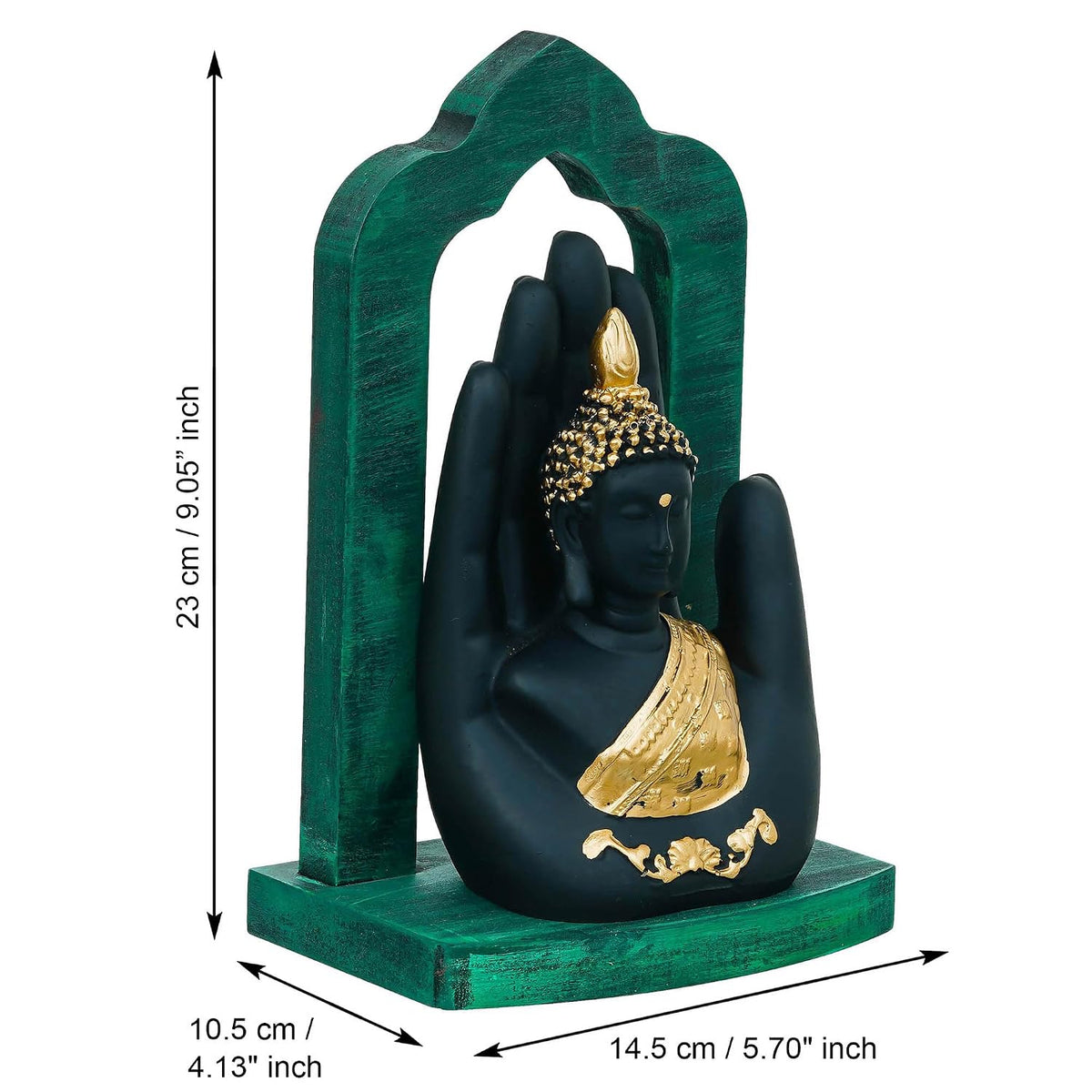 Palm Buddha Statue Showpiece for Home Decor Living Room Office Desk (Green Black Golden)| Lord Buddha Idol Gift for Diwali Buddha Purnima Housewarming Birthday