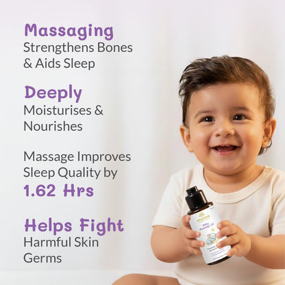 AreoVeda Organic Cold-Pressed Baby Massage Oil for Babies & Toddlers (50ml) | With Almond (Badam) & Sesame Oils | Non-Sticky & Quick-Absorbing | Massage Strengthens Bones, Aids Sleep