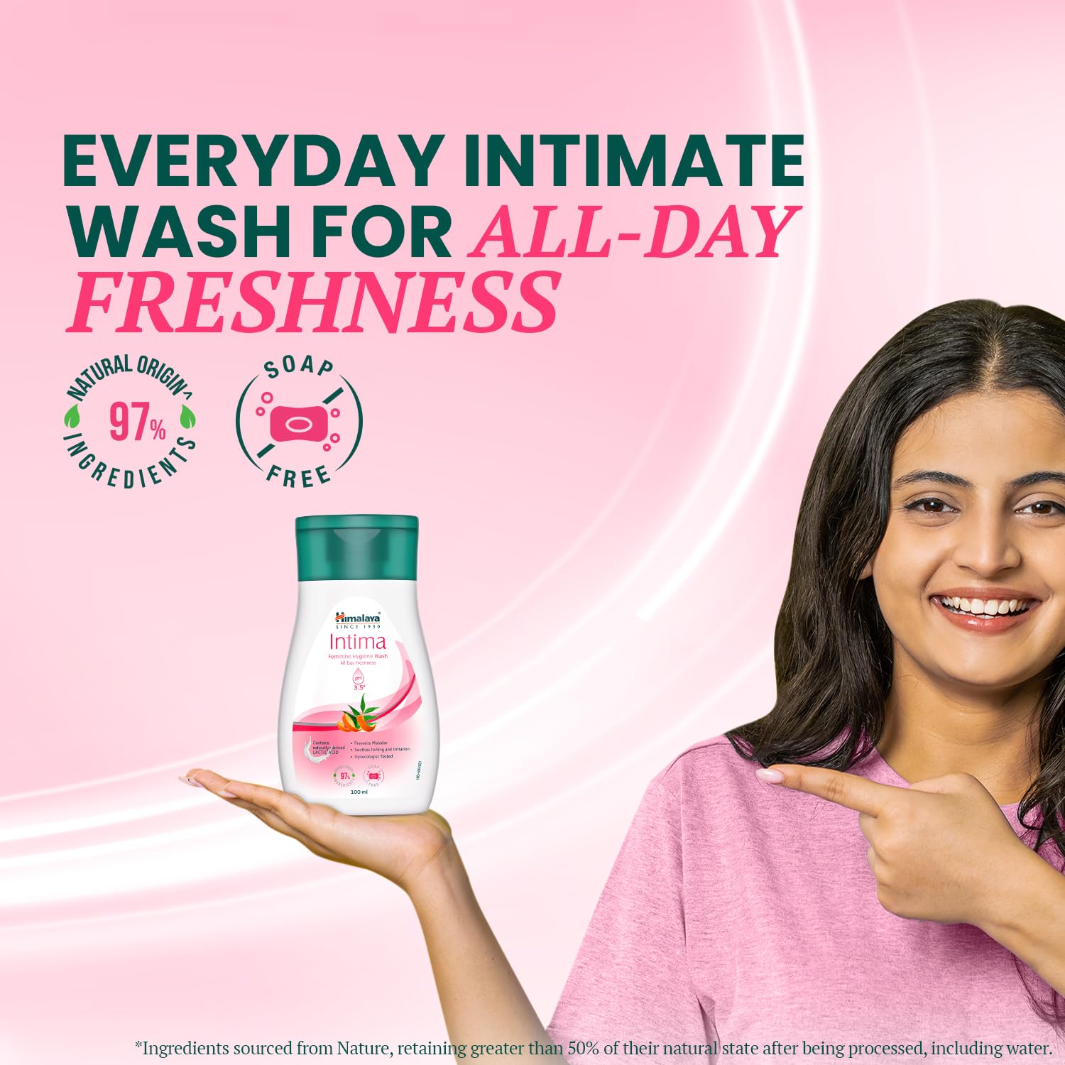 Woman holding a bottle of Intima product with text about everyday intimate wash on a pink background