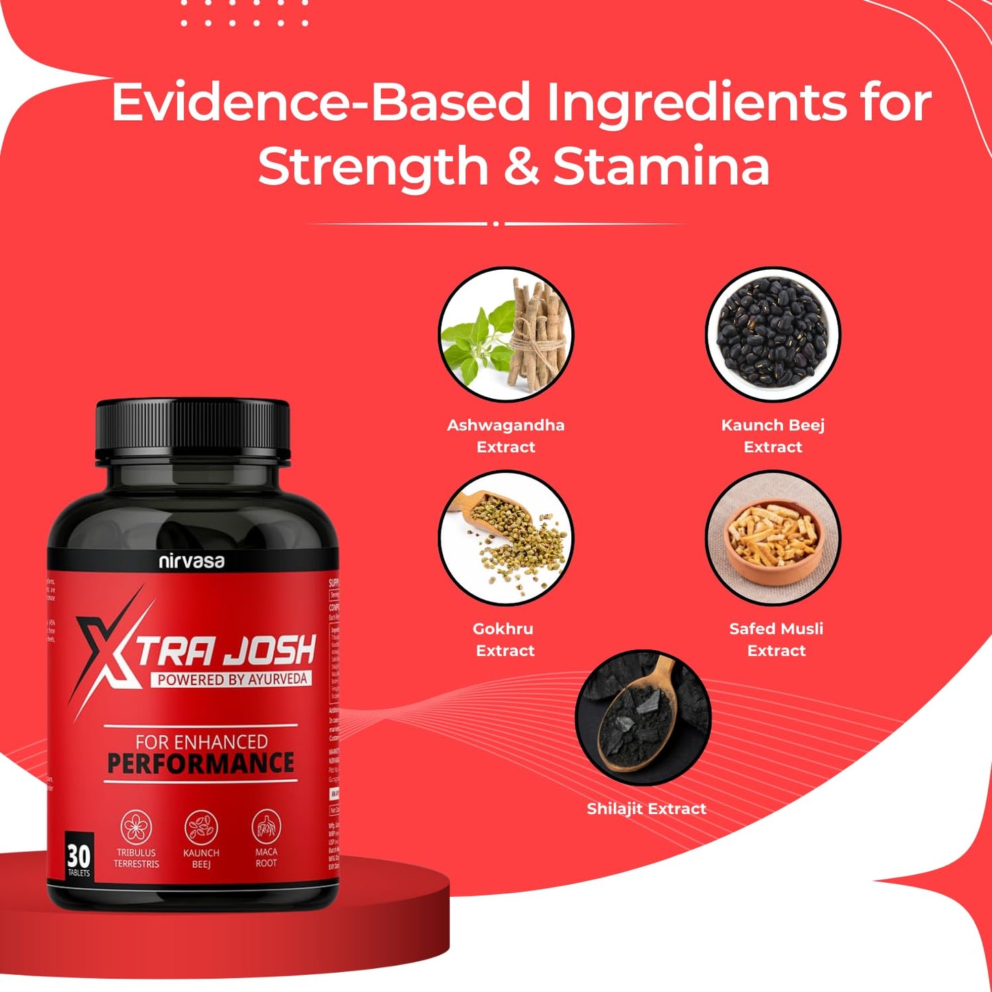 Nirvasa Xtra Josh Tablets for Men (30 Tabs) | Stamina, Energy & Performance Booster | Boosts Vitality, Strength & Endurance | Muscle Support, Enriched with Saponins