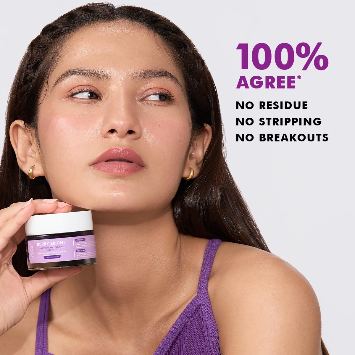 Woman holding a skincare product with text claiming no residue, stripping, or breakouts.