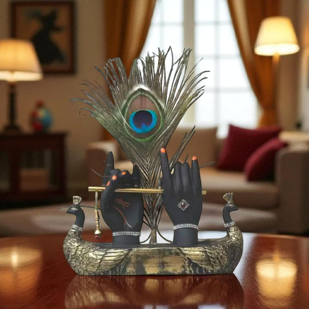 Handcrafted Krishna Ji Hands with Flute Figurine, Hindu Deity Sculpture with Peacock Feather, Home and Office Decor Showpiece