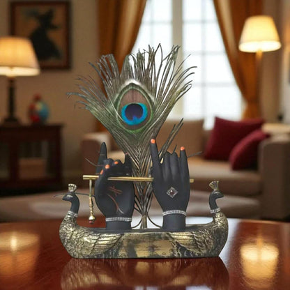 Handcrafted Krishna Ji Hands with Flute Figurine, Hindu Deity Sculpture with Peacock Feather, Home and Office Decor Showpiece