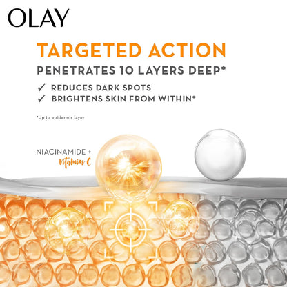 Olay skincare product with targeted action text and two capsules on a white background