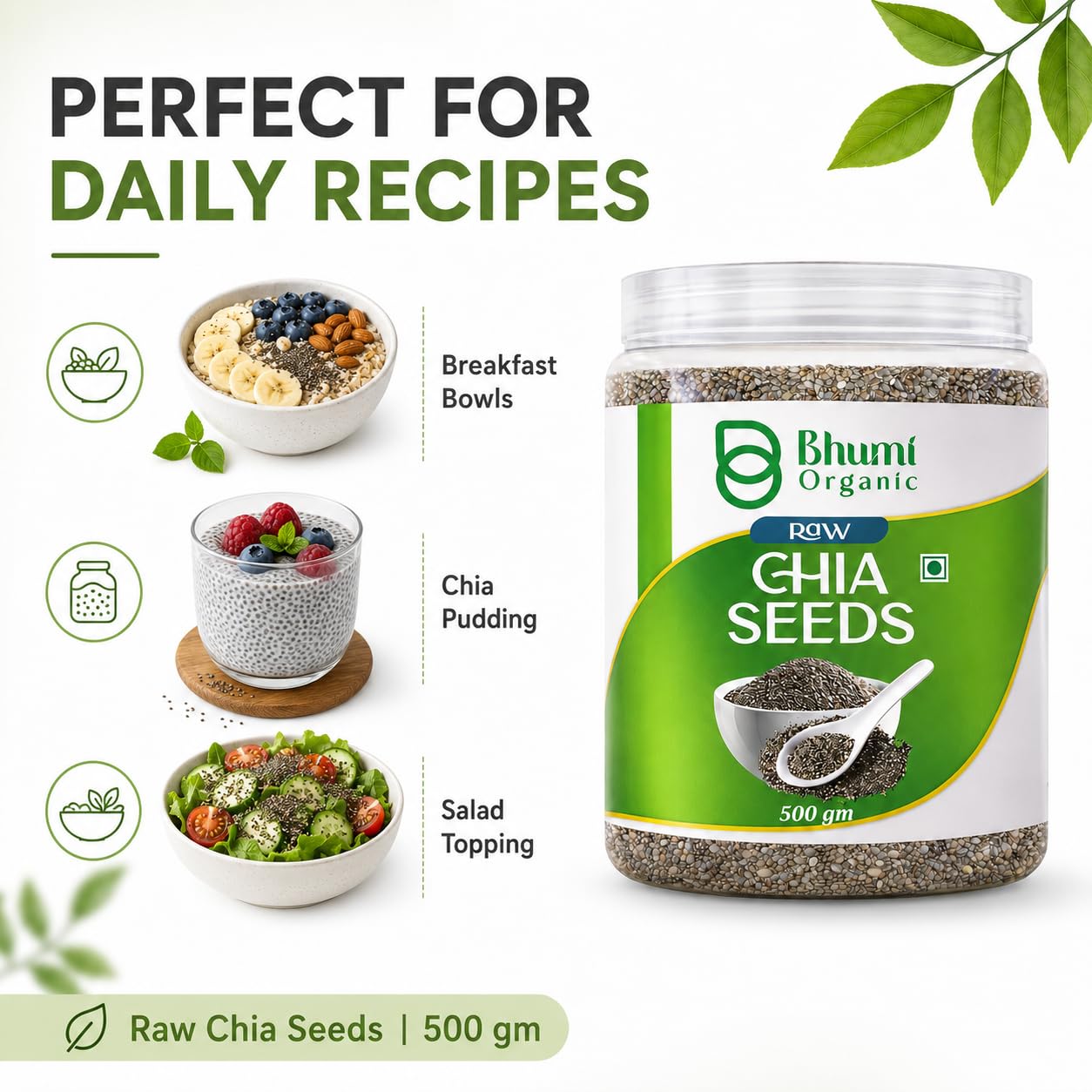 Bhumi Organic Chia Seeds 500g | Seeds for Eating, Rich in Calcium, Rich in Protein, Rich in Fibre