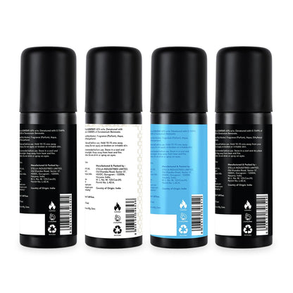 Four black spray bottles with labels on a white background
