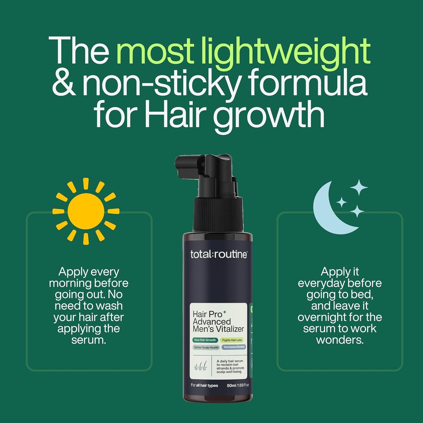 Hair growth serum bottle with usage instructions on a green background