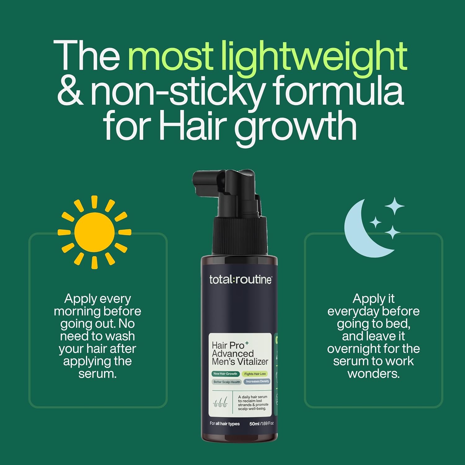 Hair growth serum bottle with usage instructions on a green background