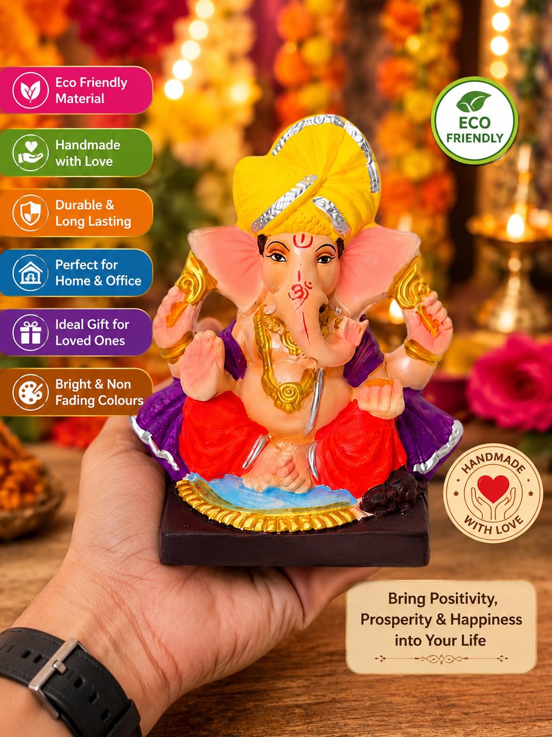 DORAYA EARTH CREATION Clay Ganpati Murti Handmade Eco-Friendly Multicolour Ganesh Idol for Home Temple, Ghar Pooja, Ganesh Chaturthi Decoration, Office Desk & Festive Gift | 6.5 Inch (6.5INCH-1)