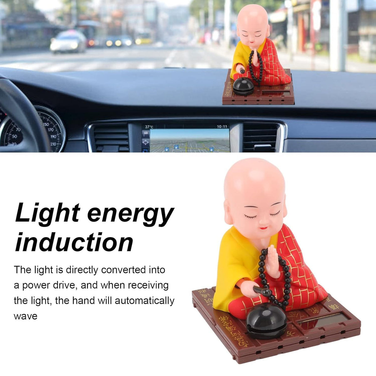 Feng Shui Little Buddha Statue (Solar, 8.8cm x 7.6cm) - Monk Figurine Bobbled Head Buddha for Car Dashboard Showpiece for Home Décor Positive Energy Success Good Luck Vaastu Gifting Item