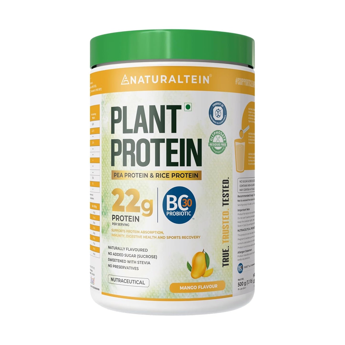 Naturaltein plant protein powder container with green lid on a white background