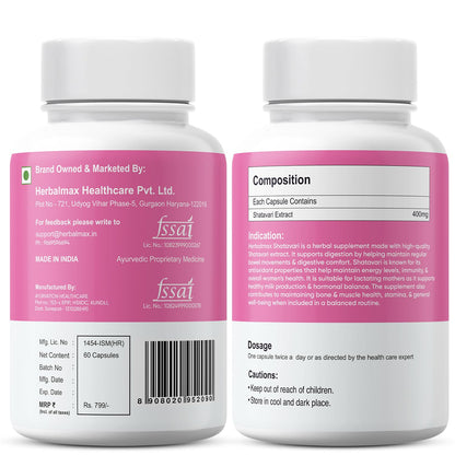 Herbalmax Organic Shatavari 400mg | Hormonal Balance & Women’s Health Supplement | Supports Lactation, Immunity, Bone & Muscle Strength, Rich in Antioxidants – 60 Veg Capsules