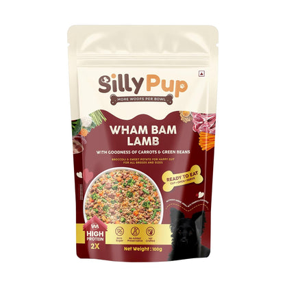 Silly Pup Wham Bam Lamb | Premium Cooked Wet Dog Food | Real Lamb, Red Lentils & Vegetables | Turmeric, Brewer's Yeast & Flaxseed | Lab Tested | No Preservatives | Vet Crafted (1 Pouch - 100g)