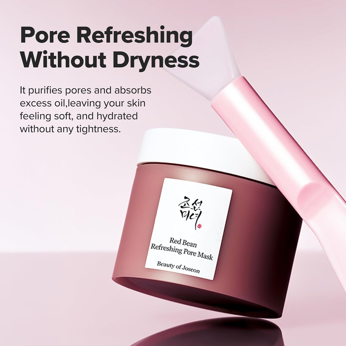 Red Bean Refreshing Pore Mask with pink applicator on a light pink background