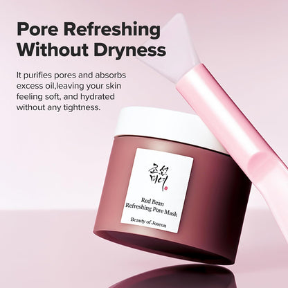Red Bean Refreshing Pore Mask with pink applicator on a light pink background