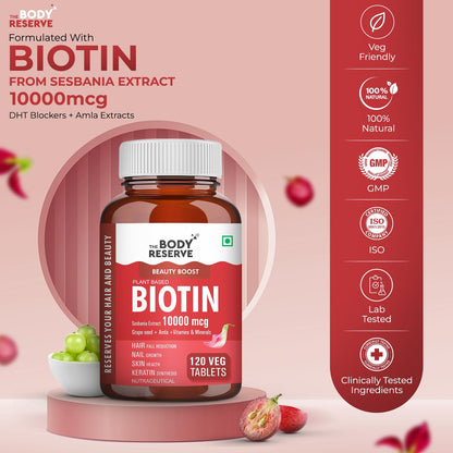 Body Reserve Biotin supplement bottle with red label on a pink background