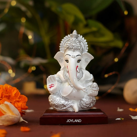 JOY LAND Lord Ganesha Car Dashboard Idol | White & Gold Ganesh Murti for Car Dashboard, Home & Office Decor (White Silver)
