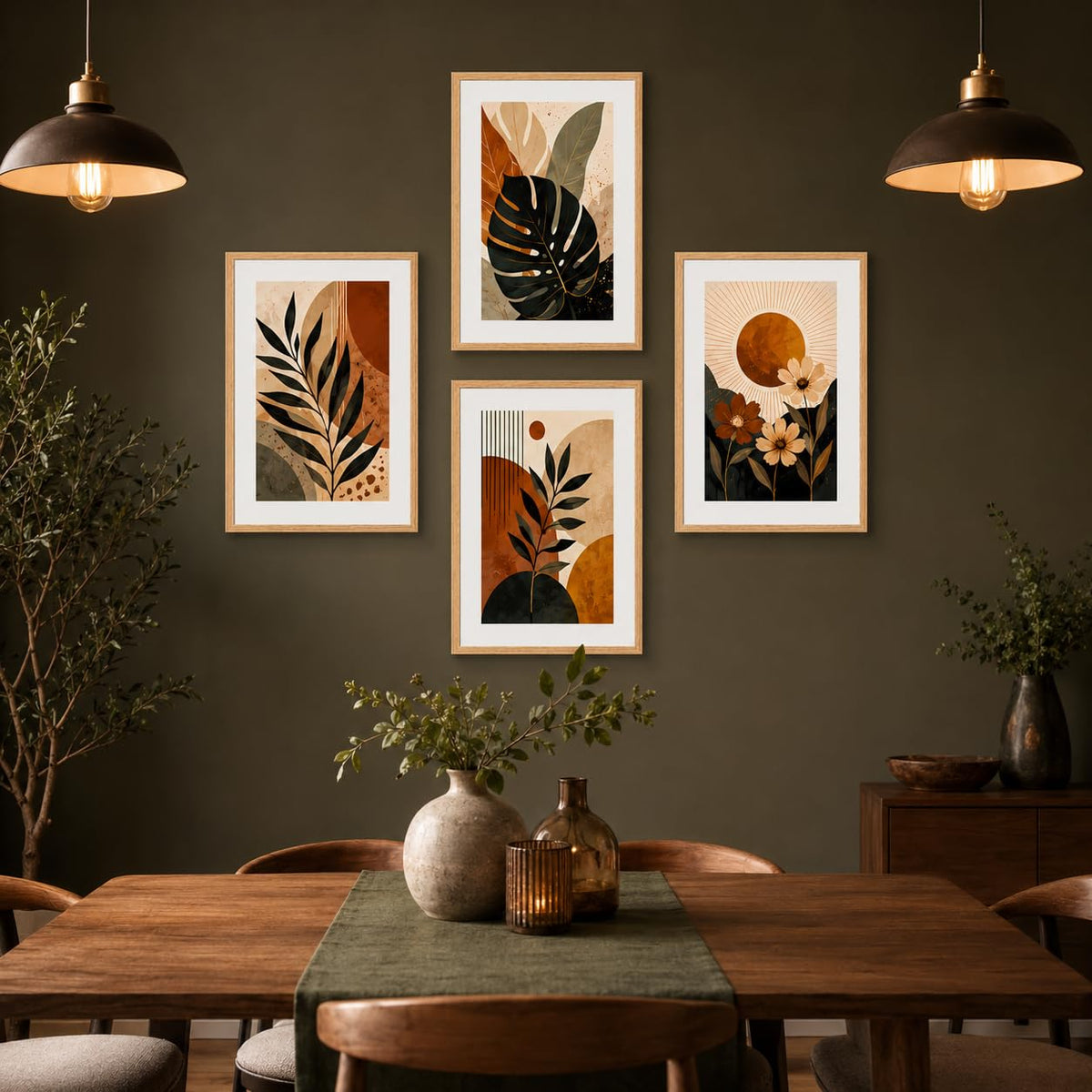 Set of 4 Botanical Leaf & Floral Wall Paintings with Sparkle Laminate and Premium Wooden Synthetic Frame for Living Room Bedroom Office Decor (13.5 x 19.5 Inch)