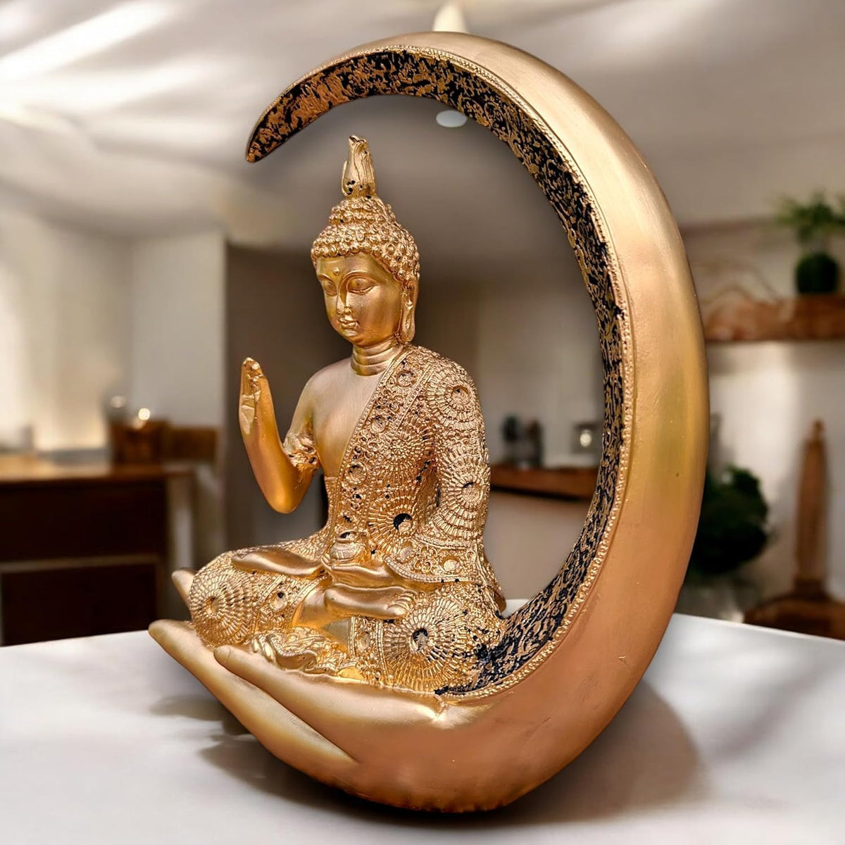 Big Meditating Moon Buddha Statue Showpiece Gold Finish | Spiritual Home Decor Idol for Living Room Meditation Table Office Shelf | Peaceful Zen Figurine Gift for Home Temple