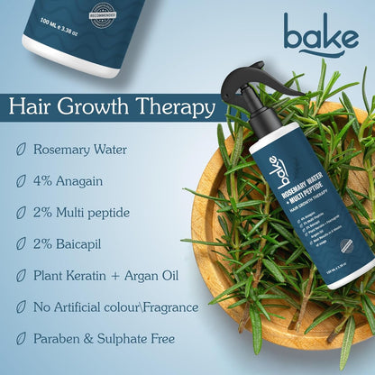 BAKE Rosemary Water Hair Growth Spray with Multi Peptides for Hair Fall Control & Hair Growth | 4% Anagain, 2% Baicapil, Plant Keratin | For Keratin Treated & Damaged Hair | 100ml