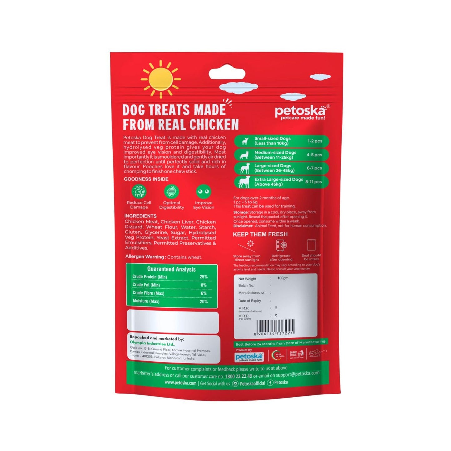 PETOSKA Chicken Jerky- 100gms | Dog Treats Made with Real Chicken Meat | Highly Nutritious | Easy to Digest | Improved Eye Vision | Suitable for All Dog Breeds | Pack of 1