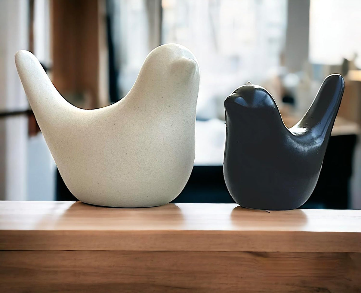 Ceramic Birds Figurines Ceramic Blessing Birds Figurine Home Decorations Accessories Set of 2 (Beige and Black Matte)