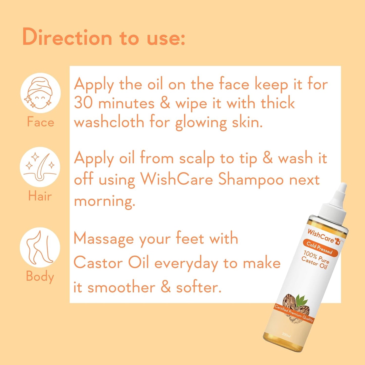 WishCare Castor Oil bottle with usage instructions on a peach background