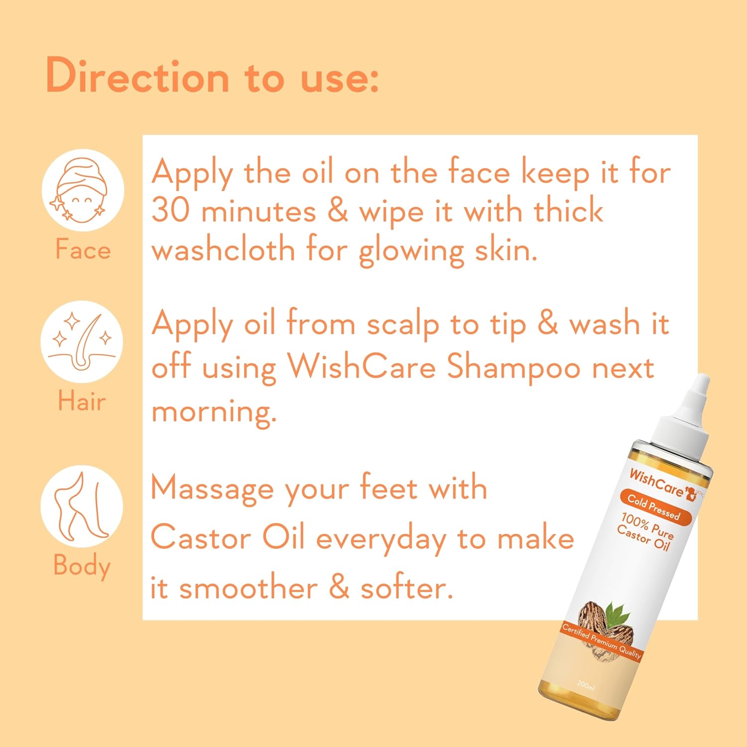 WishCare Castor Oil bottle with usage instructions on a peach background