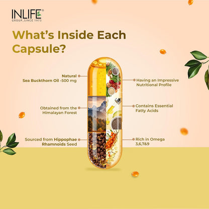 INLIFE Sea Buckthorn Oil Capsules 500mg | Omega 3 6 7 9 Supplement for Skin and Overall Wellness - 30 Liquid Filled Vegetarian Capsules (Pack of 1, 30)