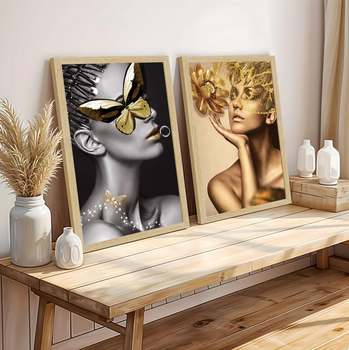 Women Aesthetic Wall Decor Paintings with Frame for Home Decoration, Painting for Living Room Bedroom Office, Wall Decor For Living Room, Set Of 2