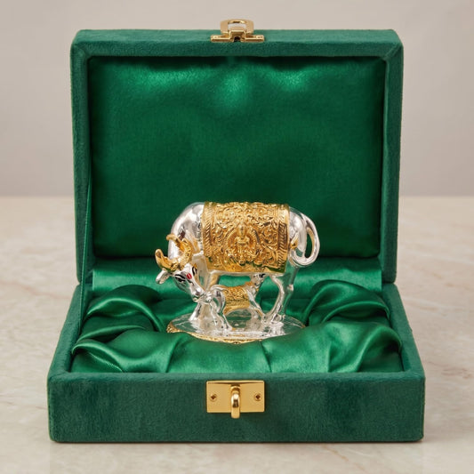 24K Gold and 999 Pure Silver Plated Kamdhenu Cow Idol - 2.5 Inch Auspicious Vastu Home Decor for Pooja Room and Mandir - Sacred Two-Tone Symbol of Prosperity and Success