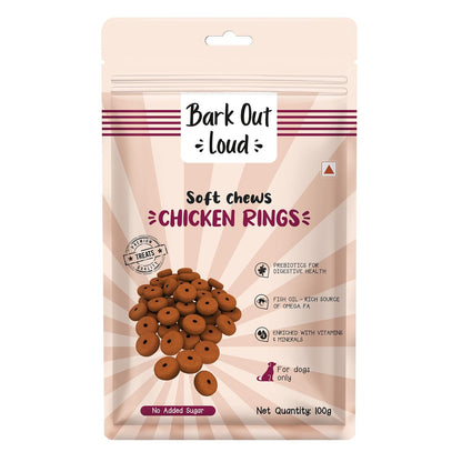 Bark Out Loud Soft Chews Chicken Rings Dog Treats | Prebiotics, Omega Fatty Acids & Vitamins | No Added Sugar | Premium Dog Snacks for All Life Stages | Healthy & Digestive Treats for Dogs - 100g