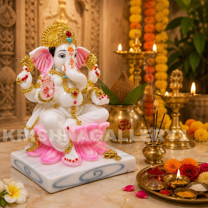 Lord Marble White Ganesh ji Murti Ganesha Ganpati Maharaj Murti Statue for Pooja Room Idol 6.5 Inch, Idol